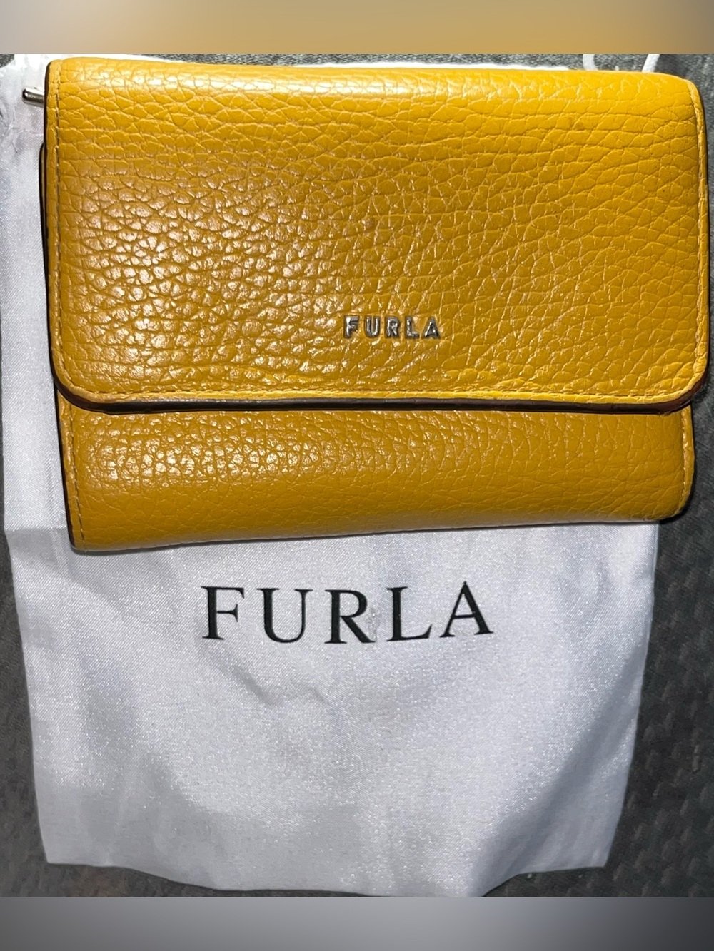 Furla EUC Yellow Pebbled Leather Compact Wallet with Dust Bag